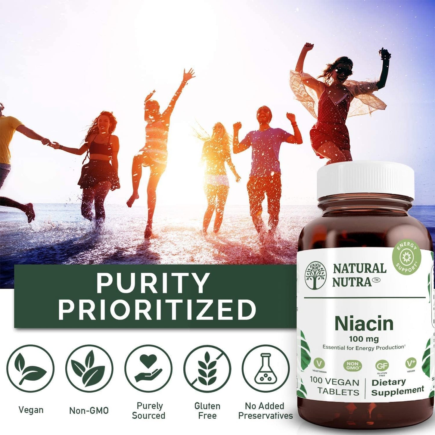 Non-GMO Niacin Supplement for Energy, Body Fat Maintenance, Digestion, Skin Health, Brain Function - 100mg, 100 Tablets (Pack of 3)