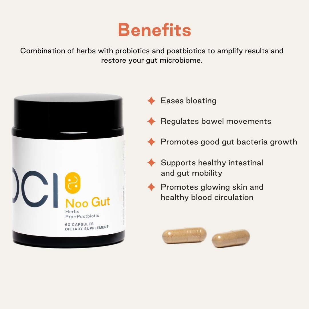 NOOCI NOO Gut, Gut & Skin: Herbal Probiotic Postbiotic Blend for Gut Health, Bloat Relief, Healthy Digestion & Skin, 60 Vegan Capsules
