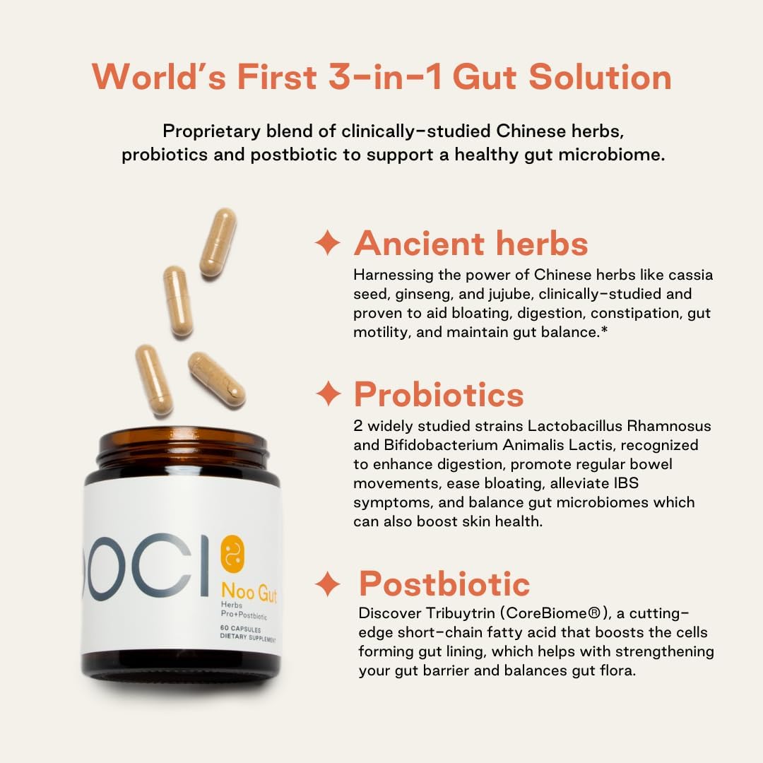 NOOCI NOO Gut, Gut & Skin: Herbal Probiotic Postbiotic Blend for Gut Health, Bloat Relief, Healthy Digestion & Skin, 60 Vegan Capsules