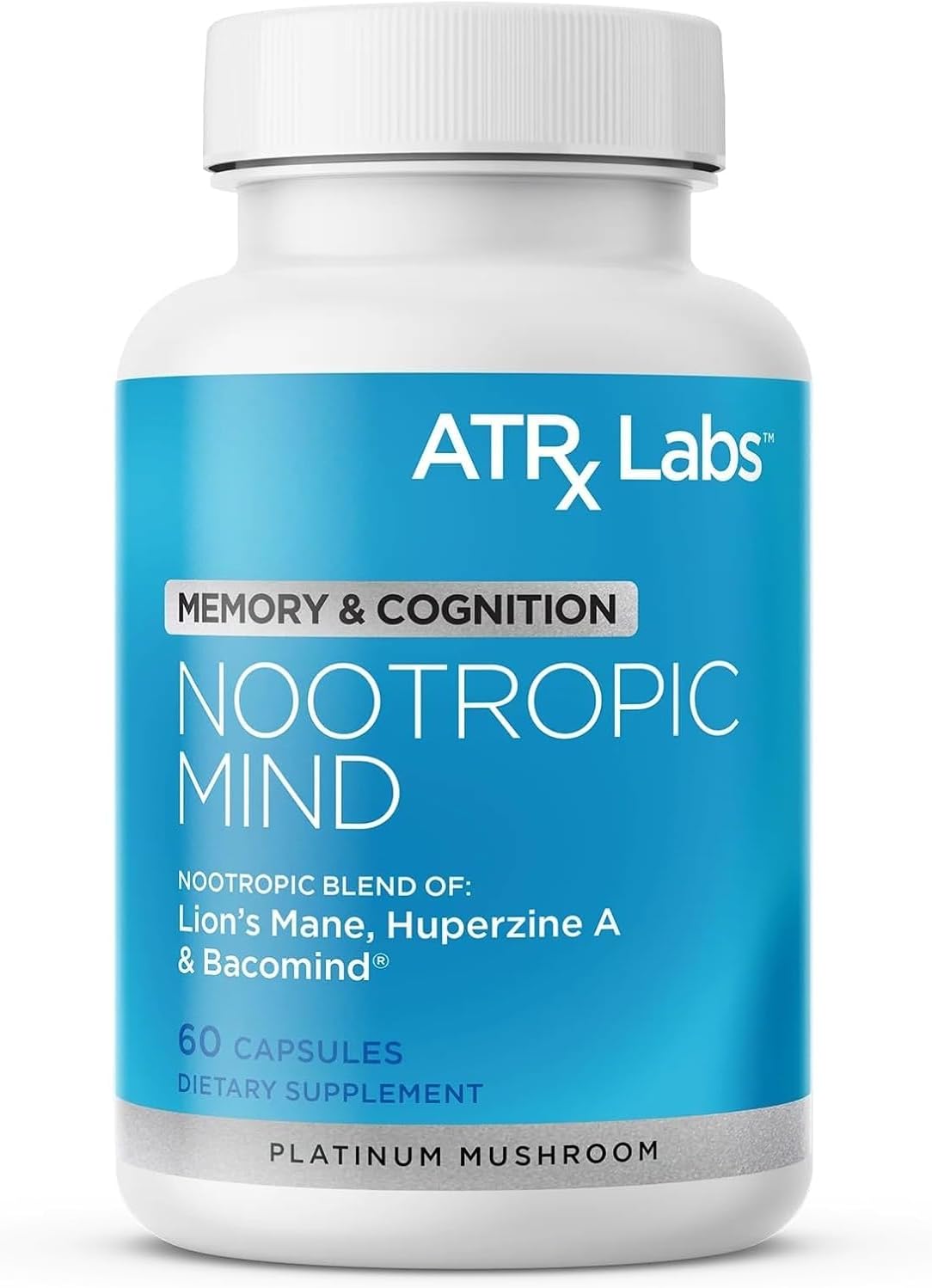 Nootropic Mind Supplement for Memory & Cognition - Vegan Brain Health Support with Lion's Mane, Huperzine A, Bacopa - 60 Capsules