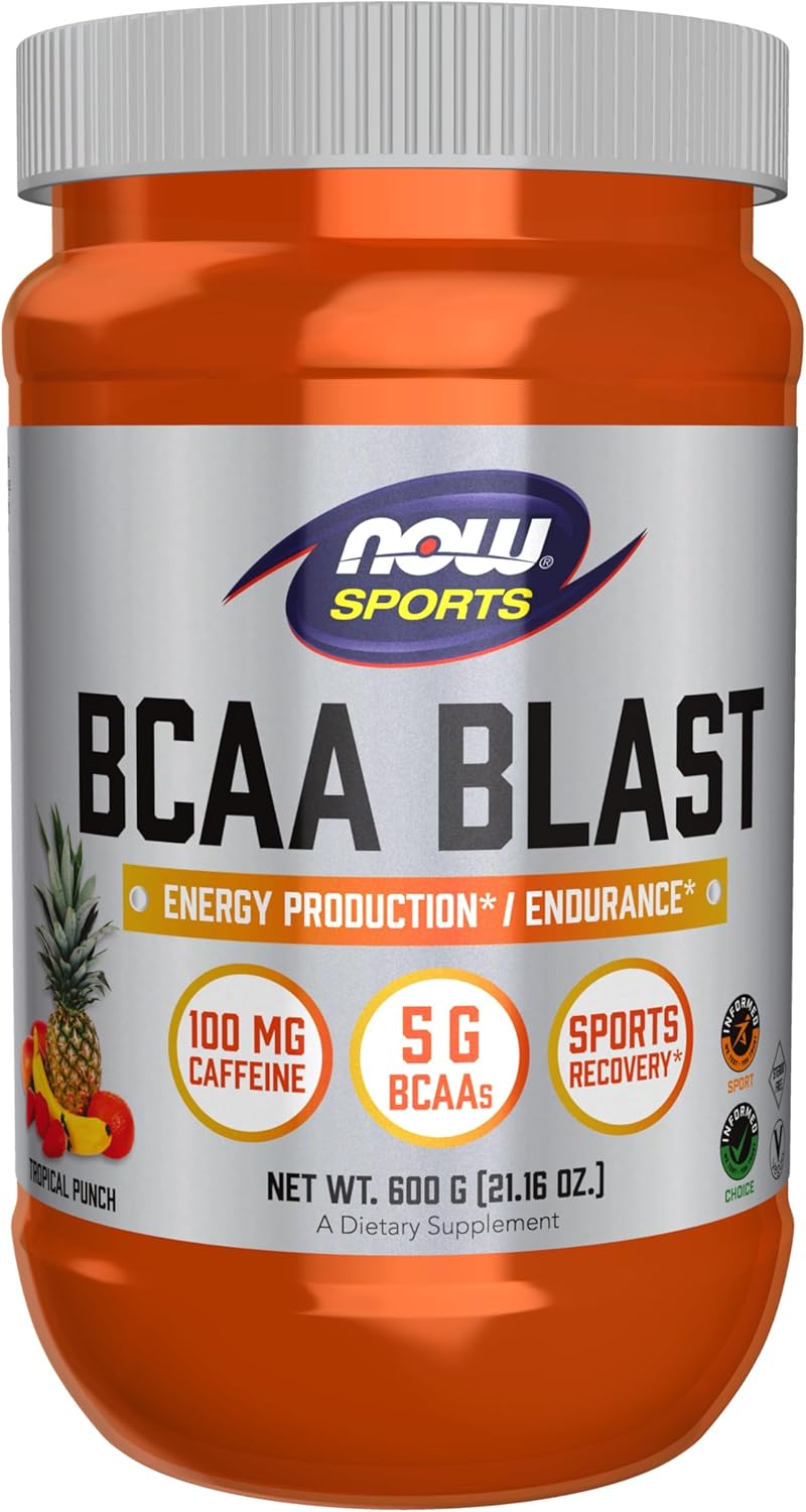 NOW Foods BCAA Blast Powder with 5g BCAA, 100mg Caffeine, Tropical Punch Flavor - 600g