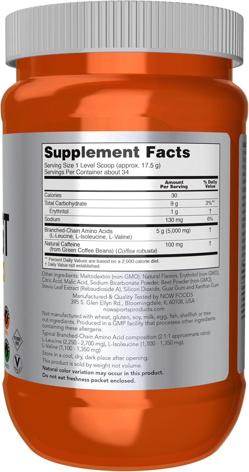 NOW Foods BCAA Blast Powder with 5g BCAA, 100mg Caffeine, Tropical Punch Flavor - 600g