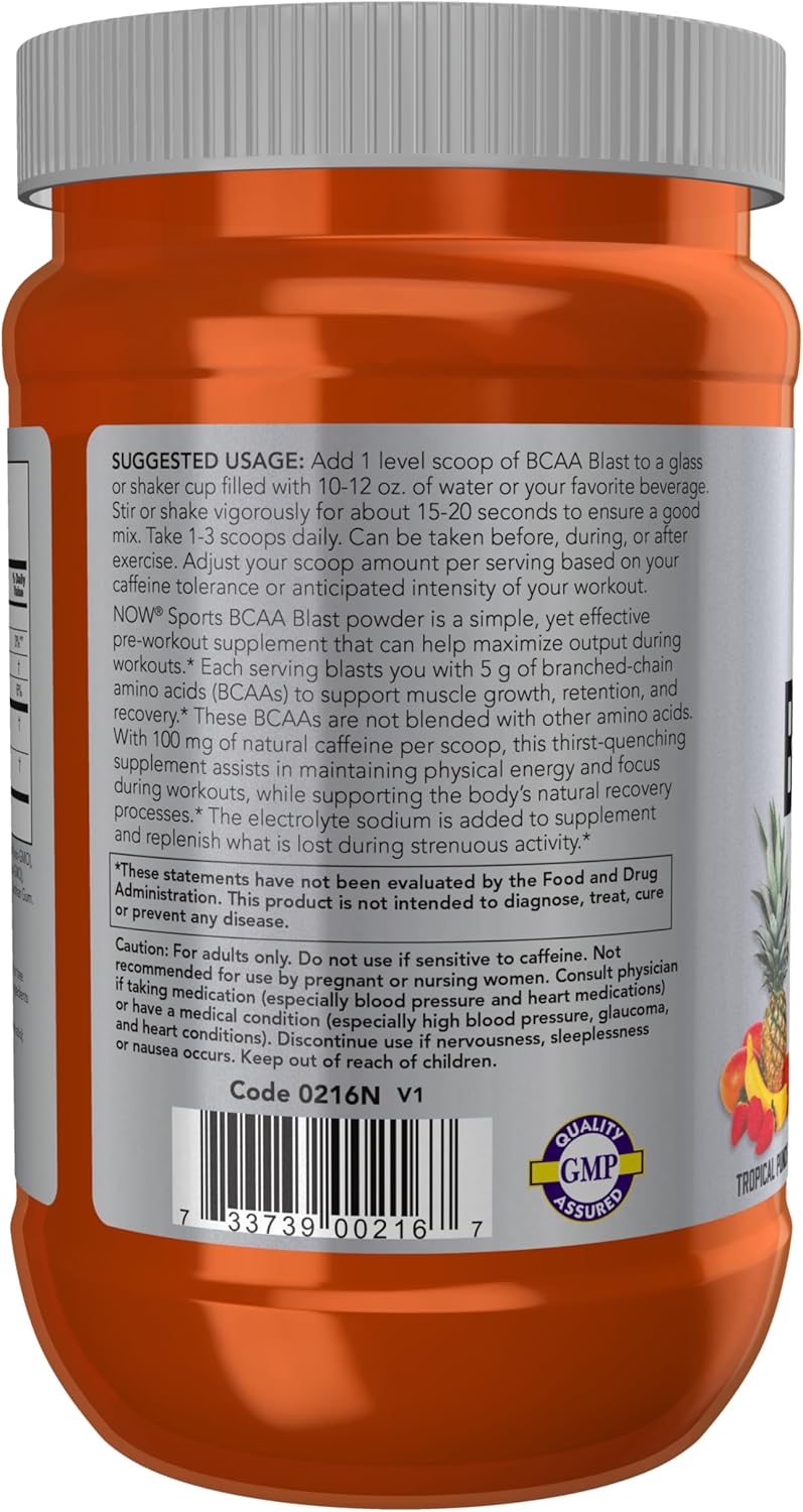 NOW Foods BCAA Blast Powder with 5g BCAA, 100mg Caffeine, Tropical Punch Flavor - 600g