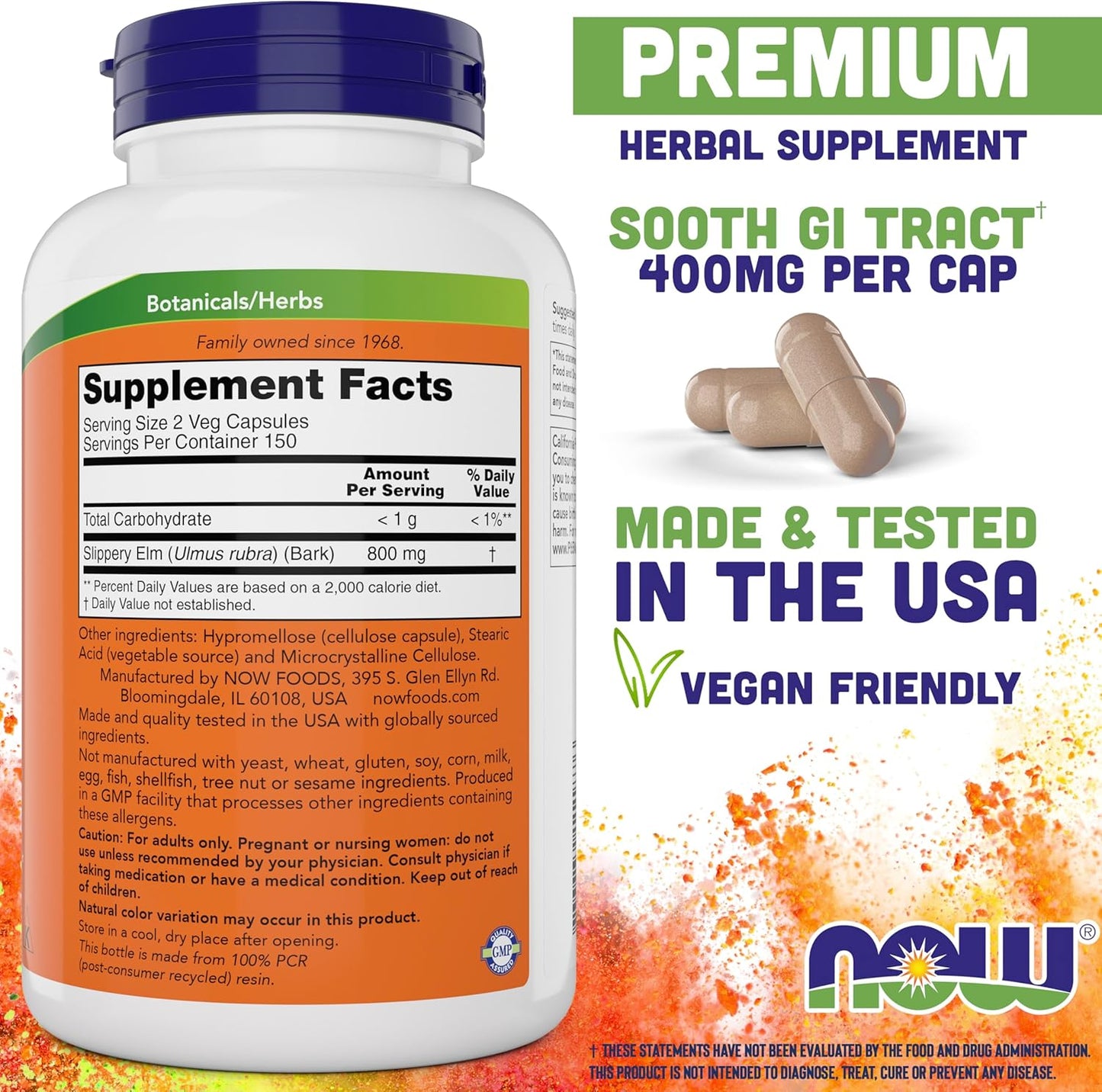 NOW Foods Slippery Elm 400 mg - 600 Vegetarian Capsules