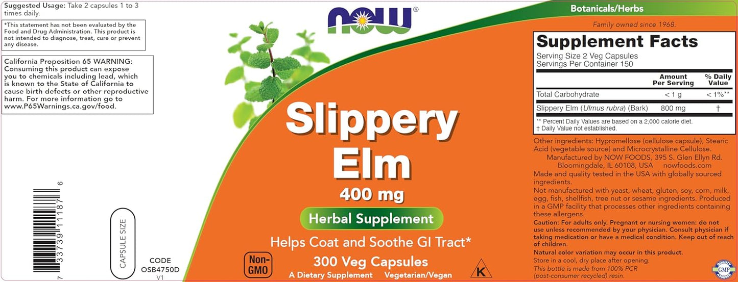 NOW Foods Slippery Elm 400 mg - 600 Vegetarian Capsules
