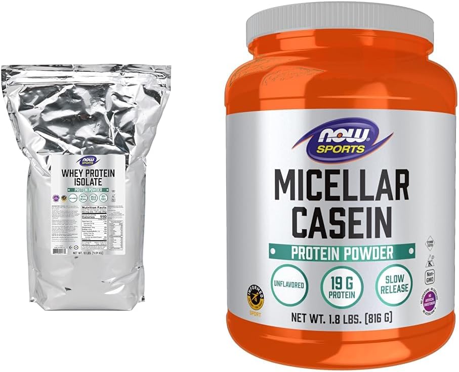 NOW Foods Sports Nutrition Whey Protein Isolate & Micellar Casein Bundle, Unflavored Powder, Slow Release Protein, 10lb + 1.8lb