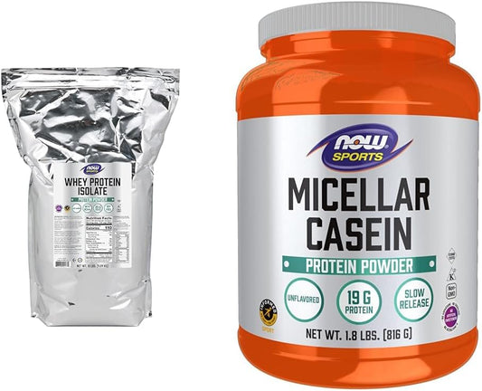 NOW Foods Sports Nutrition Whey Protein Isolate & Micellar Casein Bundle, Unflavored Powder, Slow Release Protein, 10lb + 1.8lb
