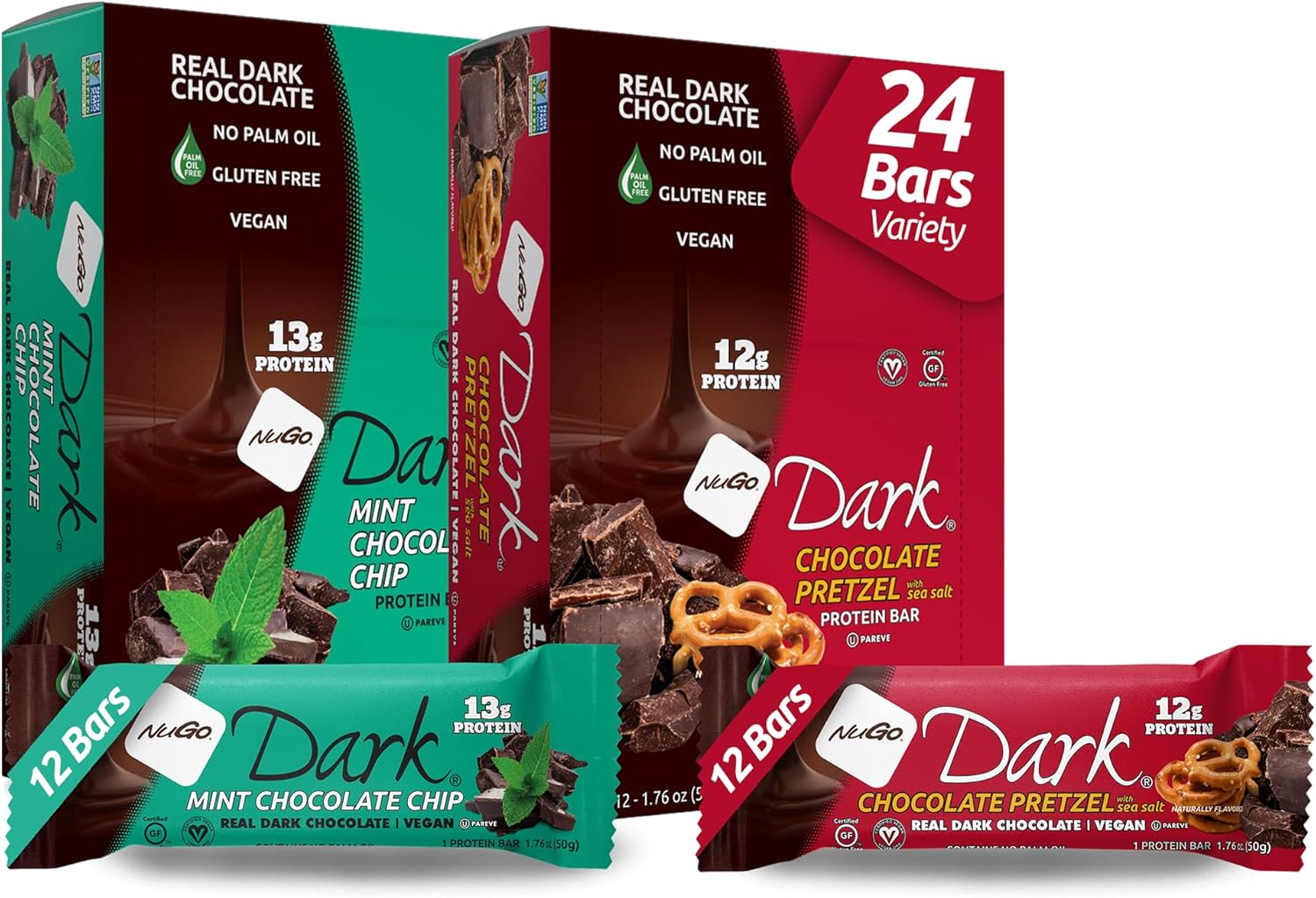 NuGo Dark Variety Pack - Chocolate Pretzel & Mint Chocolate Chip Bars, 24 Count, 12-13g Protein, Vegan, Gluten Free, Non-GMO