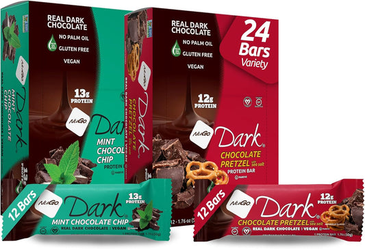 NuGo Dark Variety Pack - Chocolate Pretzel & Mint Chocolate Chip Bars, 24 Count, 12-13g Protein, Vegan, Gluten Free, Non-GMO