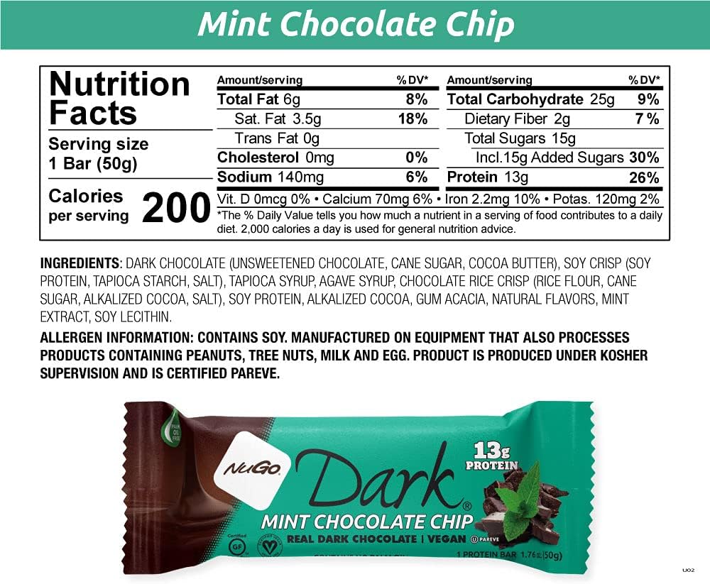 NuGo Dark Variety Pack - Chocolate Pretzel & Mint Chocolate Chip Bars, 24 Count, 12-13g Protein, Vegan, Gluten Free, Non-GMO