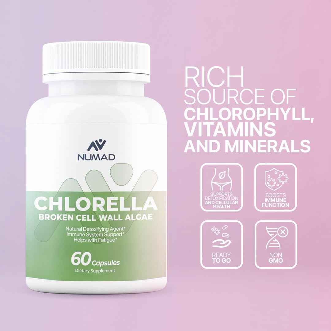 NUMAD Chlorella Broken Down Cell Wall - Liver Cleanse Detox & Repaid Formula -Superfood and Detox Supplement - Helps Eliminate Free Radicals - 60 Capsules 500mg per Capsule