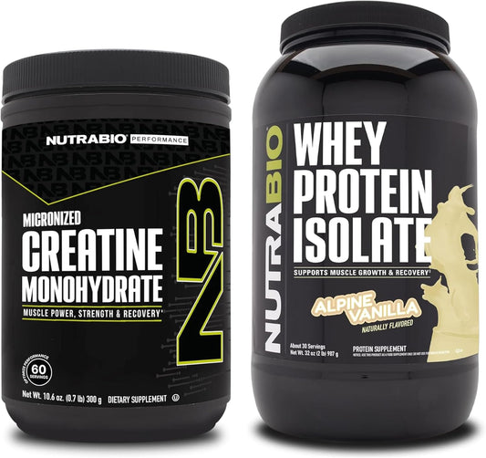 NutraBio Creatine Monohydrate and Whey Protein Isolate Bundle - Muscle Energy, Lean Muscle Growth, Recovery, Strength - Unflavored, 300g & Alpine Vanilla