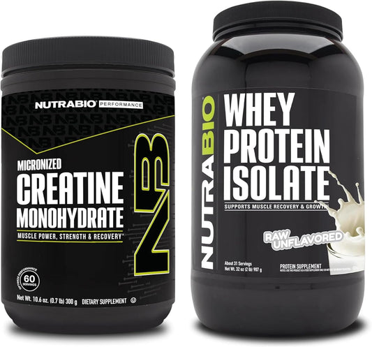NutraBio Creatine Monohydrate & Whey Protein Isolate Bundle for Muscle Energy, Growth, Recovery, and Strength - 300g Unflavored Supplement Pack