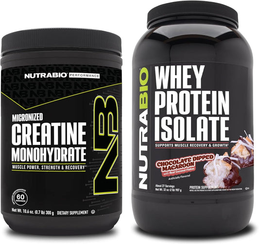 NutraBio Creatine Monohydrate & Whey Protein Isolate Bundle - Muscle Energy, Lean Growth, Recovery & Strength, Unflavored & Chocolate Flavor
