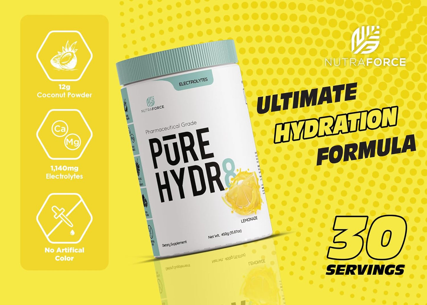 NutraForce Pure Hydr8 Electrolyte Supplement, 15.9 oz, Lemonade - Replenish Electrolytes for Hydration