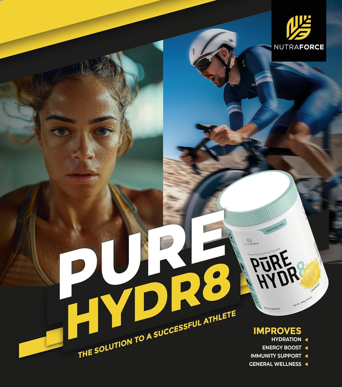 NutraForce Pure Hydr8 Electrolyte Supplement, 15.9 oz, Lemonade - Replenish Electrolytes for Hydration