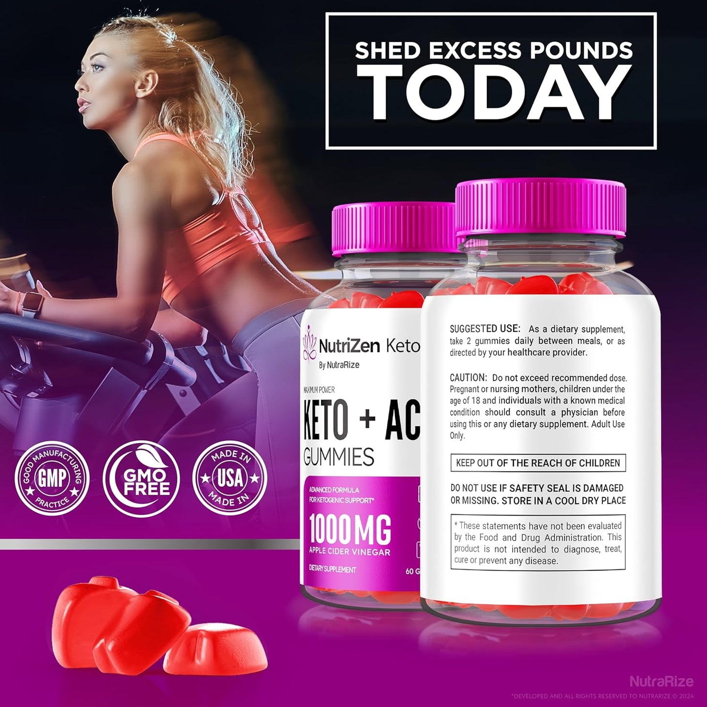 NutraRize Nutrizen Keto+ACV Gummies - Advanced Slimming Formula Supplement, 525mg Maximum Strength Gummy (60 Count)