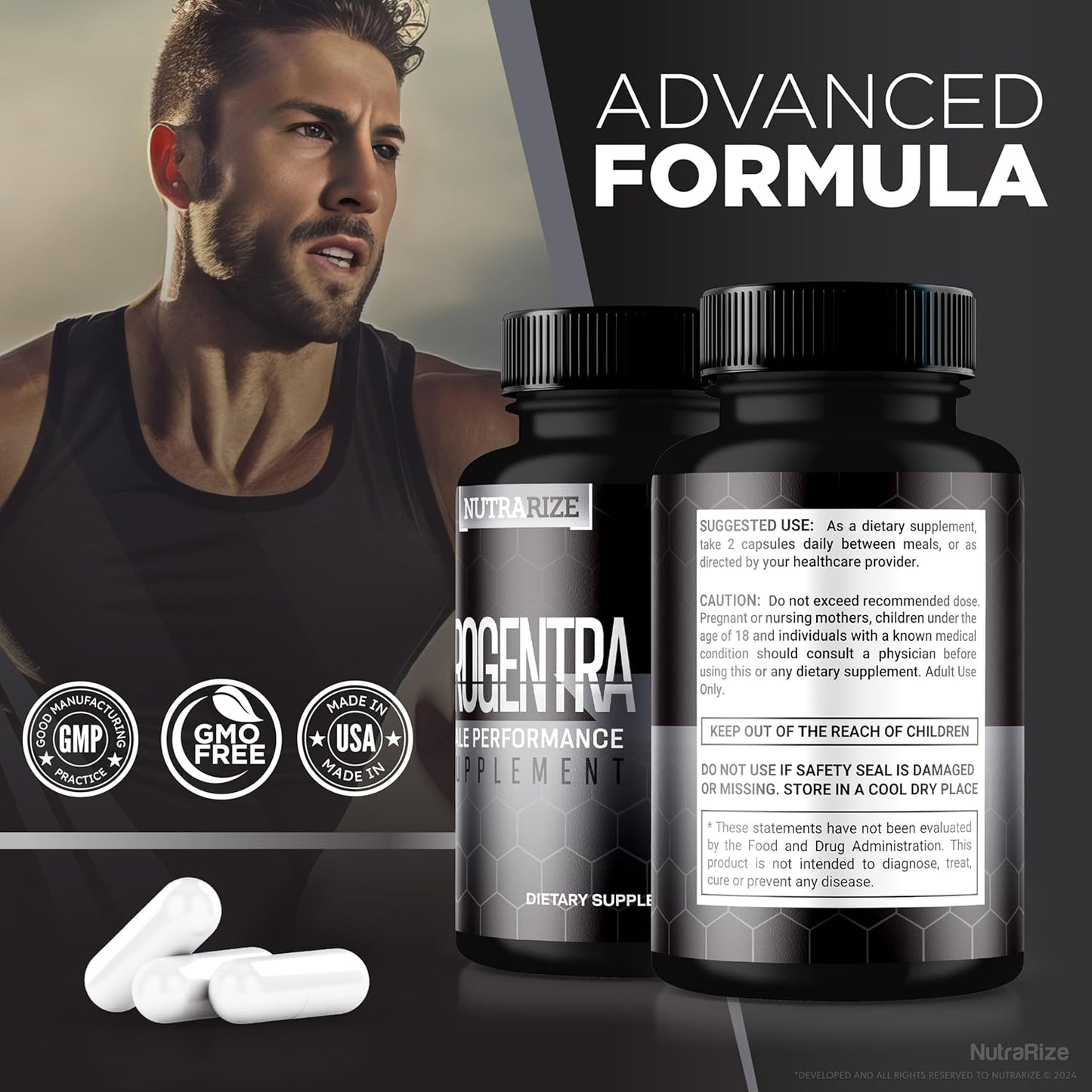 NutraRize Progentra Pills 2-Pack - All Natural Supplement for Muscle Mass, Endurance, Holistic Health - Official Capsulas Reviews Included (120 Capsules)