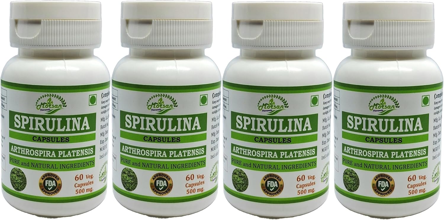 Nutraveda Spirulina Capsules - Premium Superfood Supplement for Men and Women - 500mg per Serving - 60 Veggie Capsules - Non-GMO & Gluten-Free - Pack of 240 Capsules