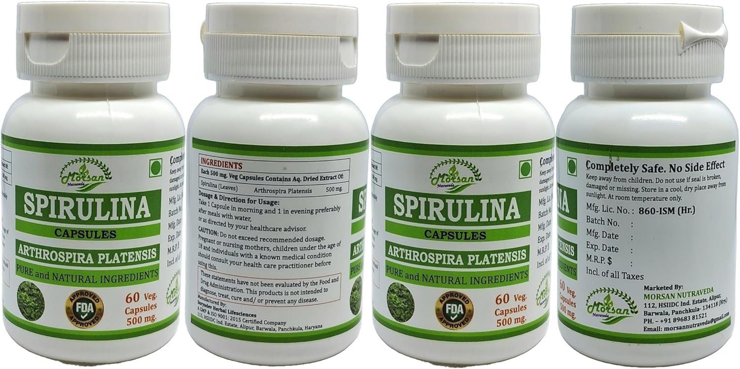 Nutraveda Spirulina Capsules - Premium Superfood Supplement for Men and Women - 500mg per Serving - 60 Veggie Capsules - Non-GMO & Gluten-Free - Pack of 240 Capsules