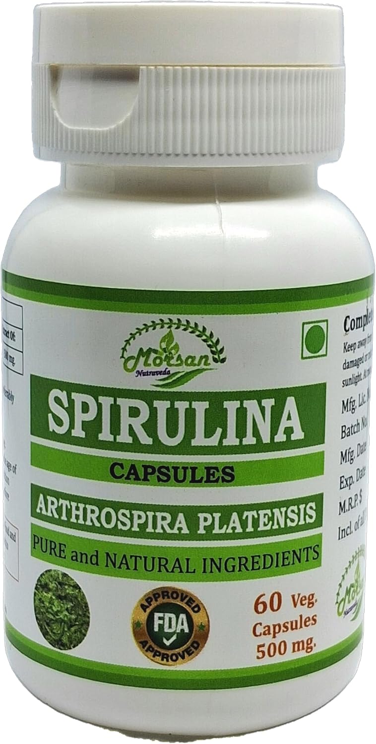 Nutraveda Spirulina Capsules - Premium Superfood Supplement for Men and Women - 500mg per Serving - 60 Veggie Capsules - Non-GMO & Gluten-Free - Pack of 240 Capsules