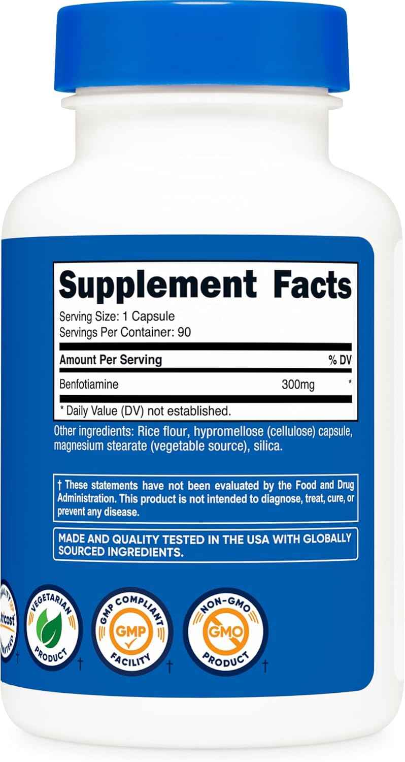 Nutricost Benfotiamine 300mg, 90 Capsules - Gluten Free, Non-GMO, and Vegetarian Friendly Fat Soluble Vitamin B1