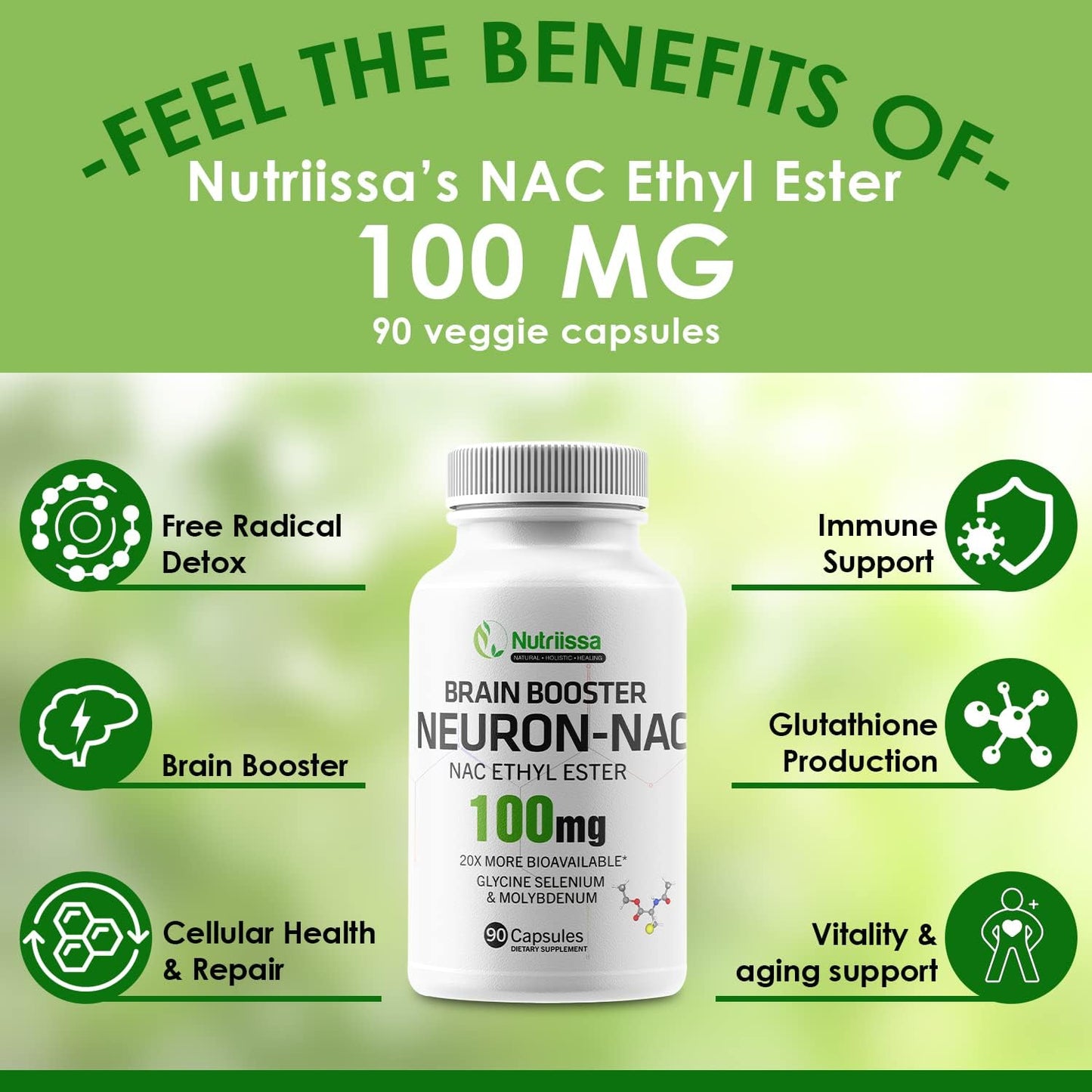 Nutriissa Neuron NAC Supplement - 20x More Bioavailable N-Acetyl Cysteine Ester - Boost Glutathione - 10x More Effective Than Liposomal Glutathione - 90 Capsules