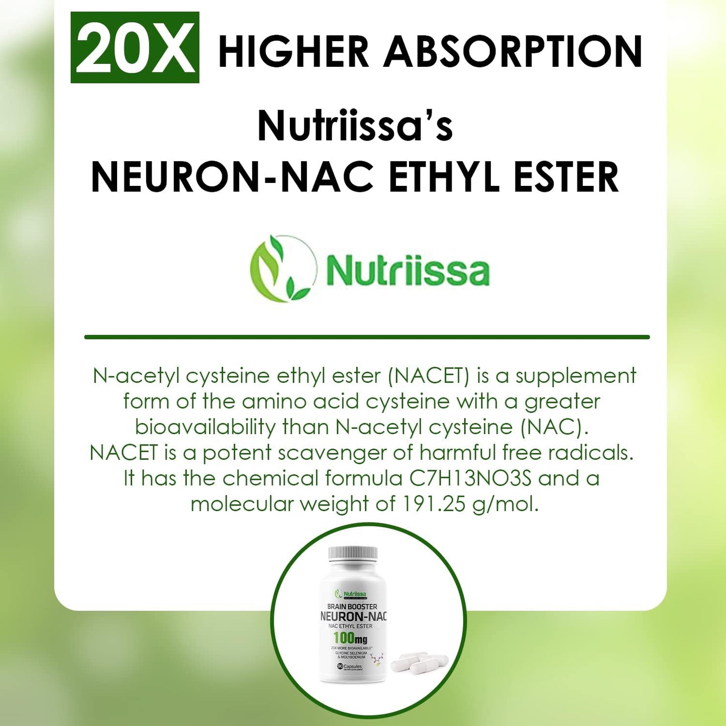Nutriissa Neuron NAC Supplement - 20x More Bioavailable N-Acetyl Cysteine Ester - Boost Glutathione - 10x More Effective Than Liposomal Glutathione - 90 Capsules