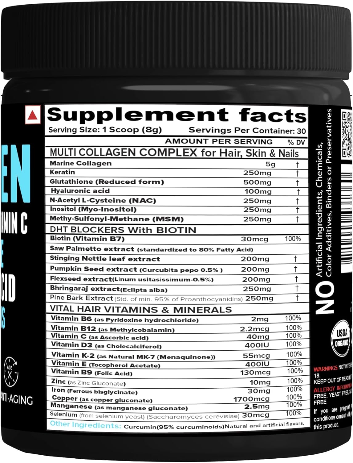 NutriJa Collagen Powder with Glutathione, Hyaluronic Acid, Vitamin C, E, Zinc - 30 Servings (Unflavoured)å«DHT Blockers & Multivitamins