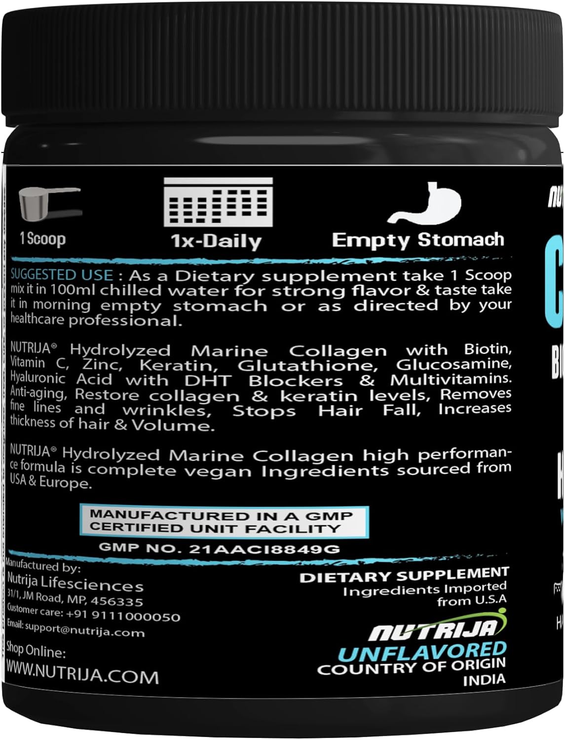 NutriJa Collagen Powder with Glutathione, Hyaluronic Acid, Vitamin C, E, Zinc - 30 Servings (Unflavoured)å«DHT Blockers & Multivitamins