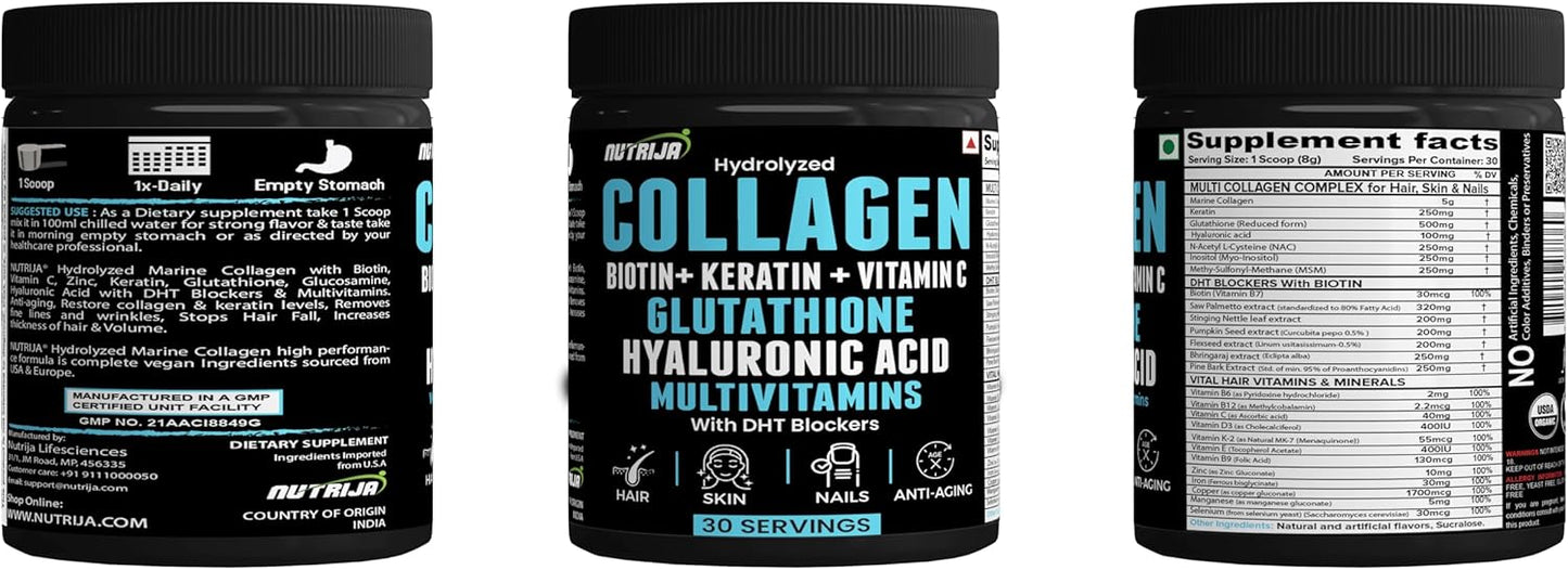 NutriJa Collagen Powder with Glutathione, Hyaluronic Acid, Vitamin C, E, Zinc - 30 Servings (Unflavoured)å«DHT Blockers & Multivitamins