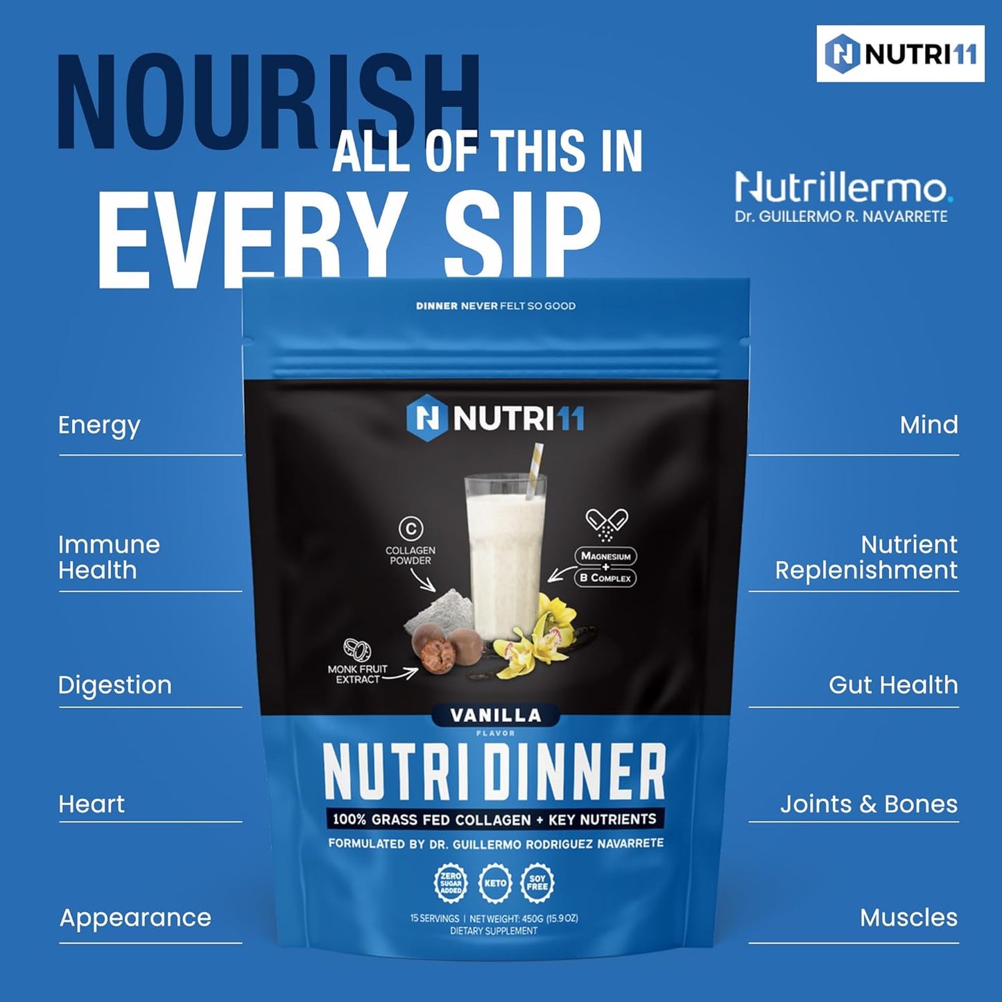Nutrillermo Nutri11 NutriDinner: Grass-Fed Collagen Protein Powder with Magnesium, B-Vitamins for Sleep & Recovery (Vanilla 14.9oz)