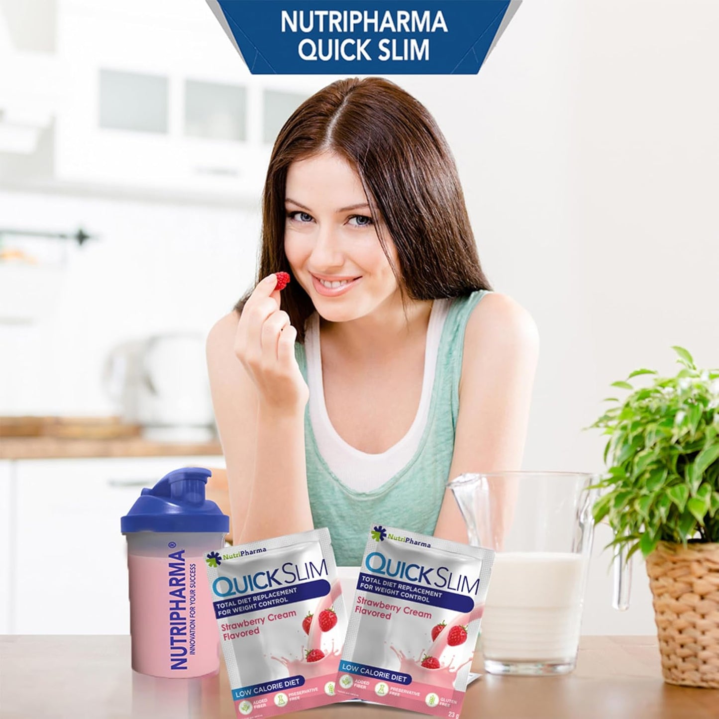 NUTRIPHARMA Quick Slim High Protein Meal Replacement Shake for Slimming Formula , Men & Women, Low Carb, Keto, Intermittent Fasting - Strawberry Cream Flavor - Gluten Free - 1 Serving