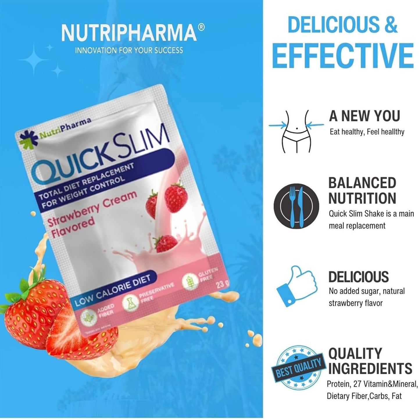 NUTRIPHARMA Quick Slim High Protein Meal Replacement Shake for Slimming Formula , Men & Women, Low Carb, Keto, Intermittent Fasting - Strawberry Cream Flavor - Gluten Free - 1 Serving