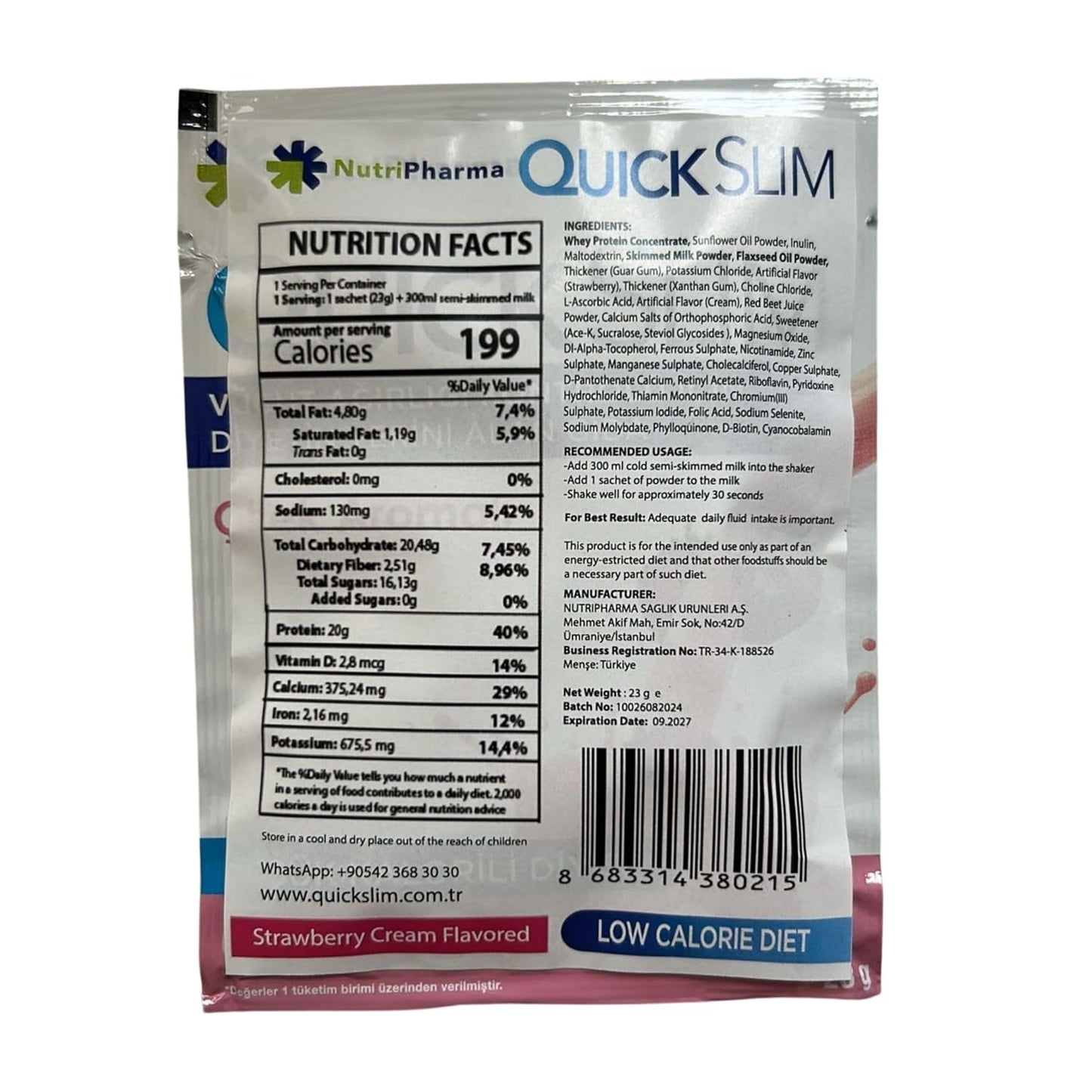 NUTRIPHARMA Quick Slim High Protein Meal Replacement Shake for Slimming Formula , Men & Women, Low Carb, Keto, Intermittent Fasting - Strawberry Cream Flavor - Gluten Free - 1 Serving