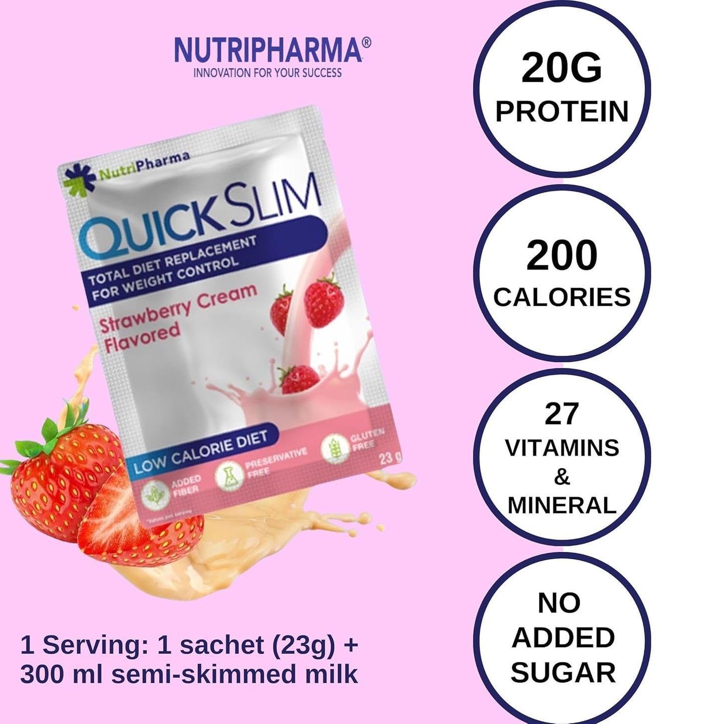 NUTRIPHARMA Quick Slim High Protein Meal Replacement Shake for Slimming Formula , Men & Women, Low Carb, Keto, Intermittent Fasting - Strawberry Cream Flavor - Gluten Free - 1 Serving