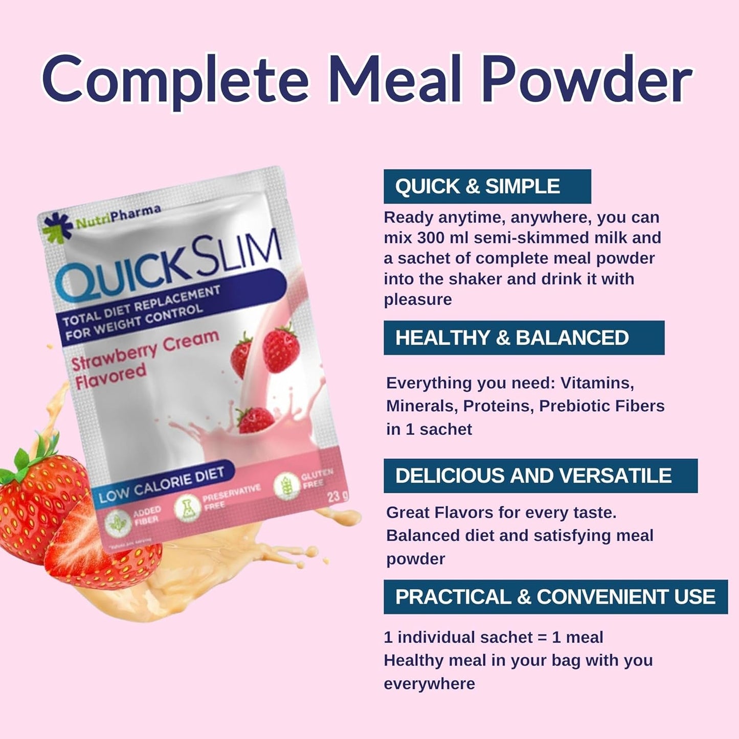 NUTRIPHARMA Quick Slim High Protein Meal Replacement Shake for Slimming Formula , Men & Women, Low Carb, Keto, Intermittent Fasting - Strawberry Cream Flavor - Gluten Free - 1 Serving