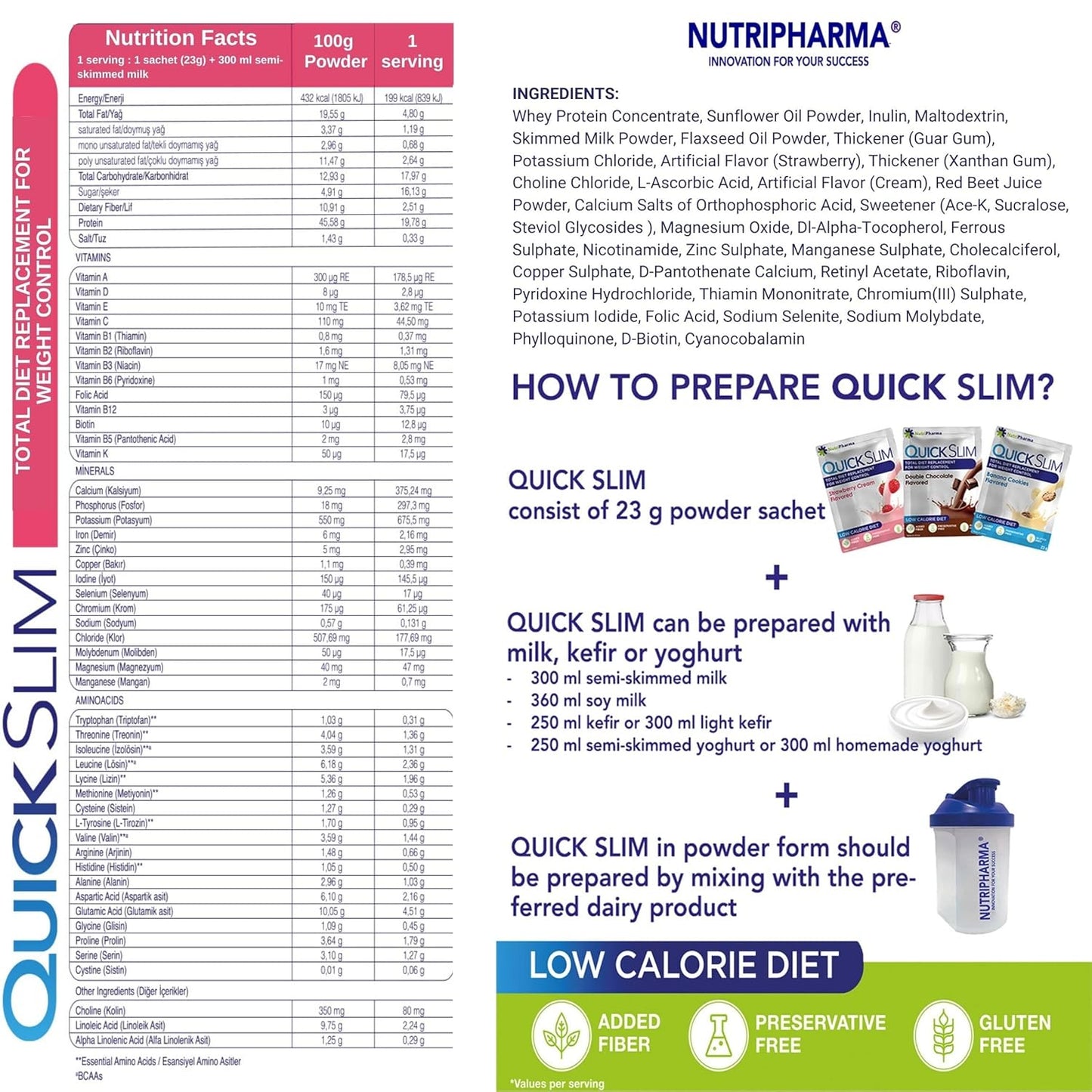 NUTRIPHARMA Quick Slim High Protein Meal Replacement Shake for Slimming Formula , Men & Women, Low Carb, Keto, Intermittent Fasting - Strawberry Cream Flavor - Gluten Free - 1 Serving