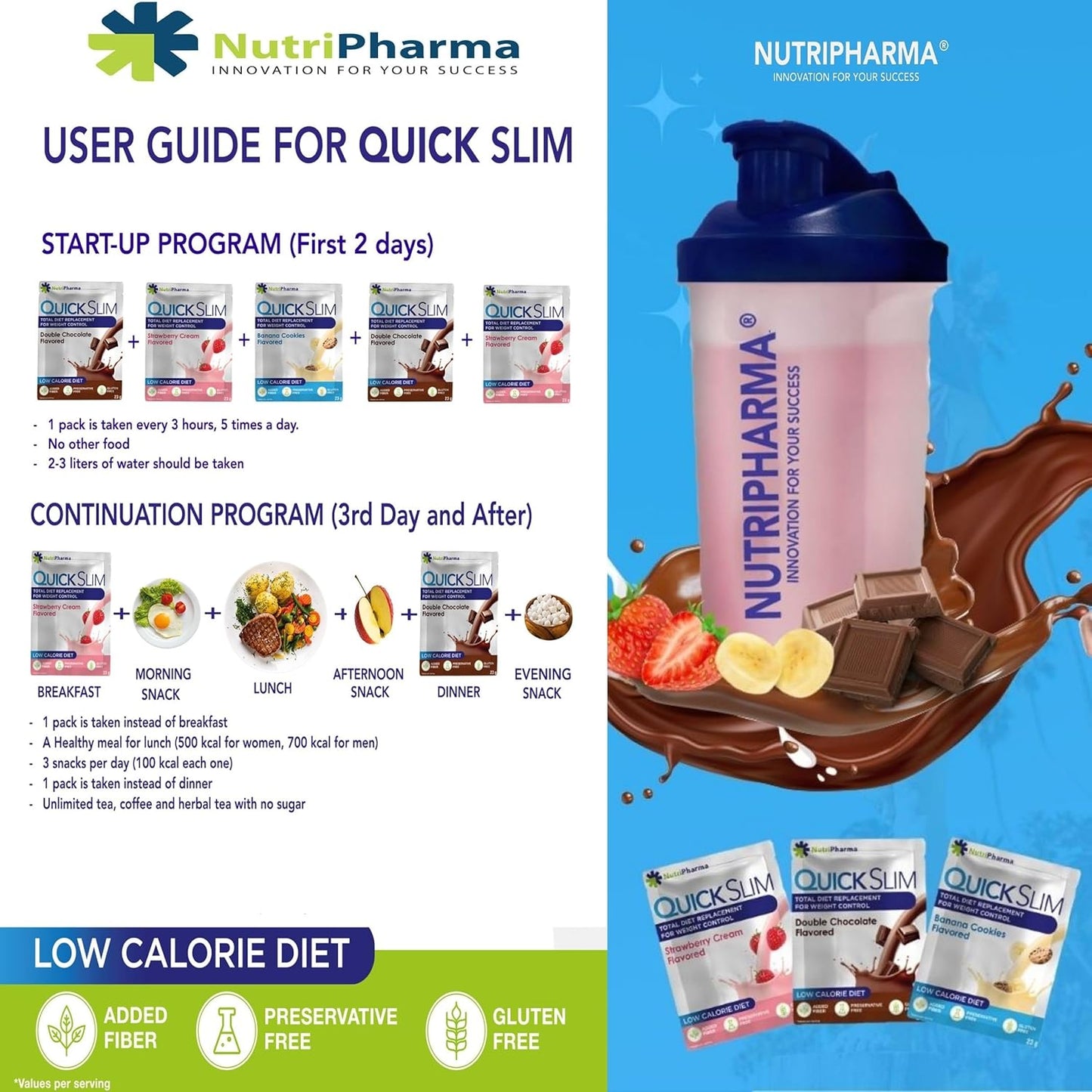 NUTRIPHARMA Quick Slim High Protein Meal Replacement Shake for Slimming Formula , Men & Women, Low Carb, Keto, Intermittent Fasting - Strawberry Cream Flavor - Gluten Free - 1 Serving