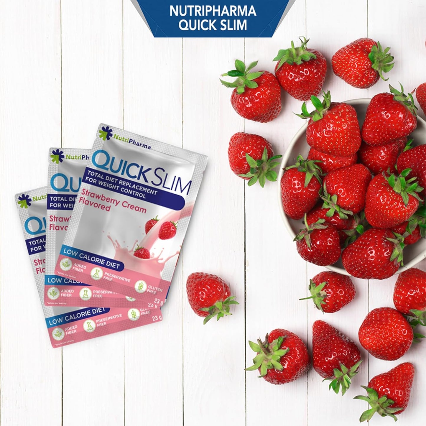 NUTRIPHARMA Quick Slim High Protein Meal Replacement Shake for Slimming Formula , Men & Women, Low Carb, Keto, Intermittent Fasting - Strawberry Cream Flavor - Gluten Free - 1 Serving