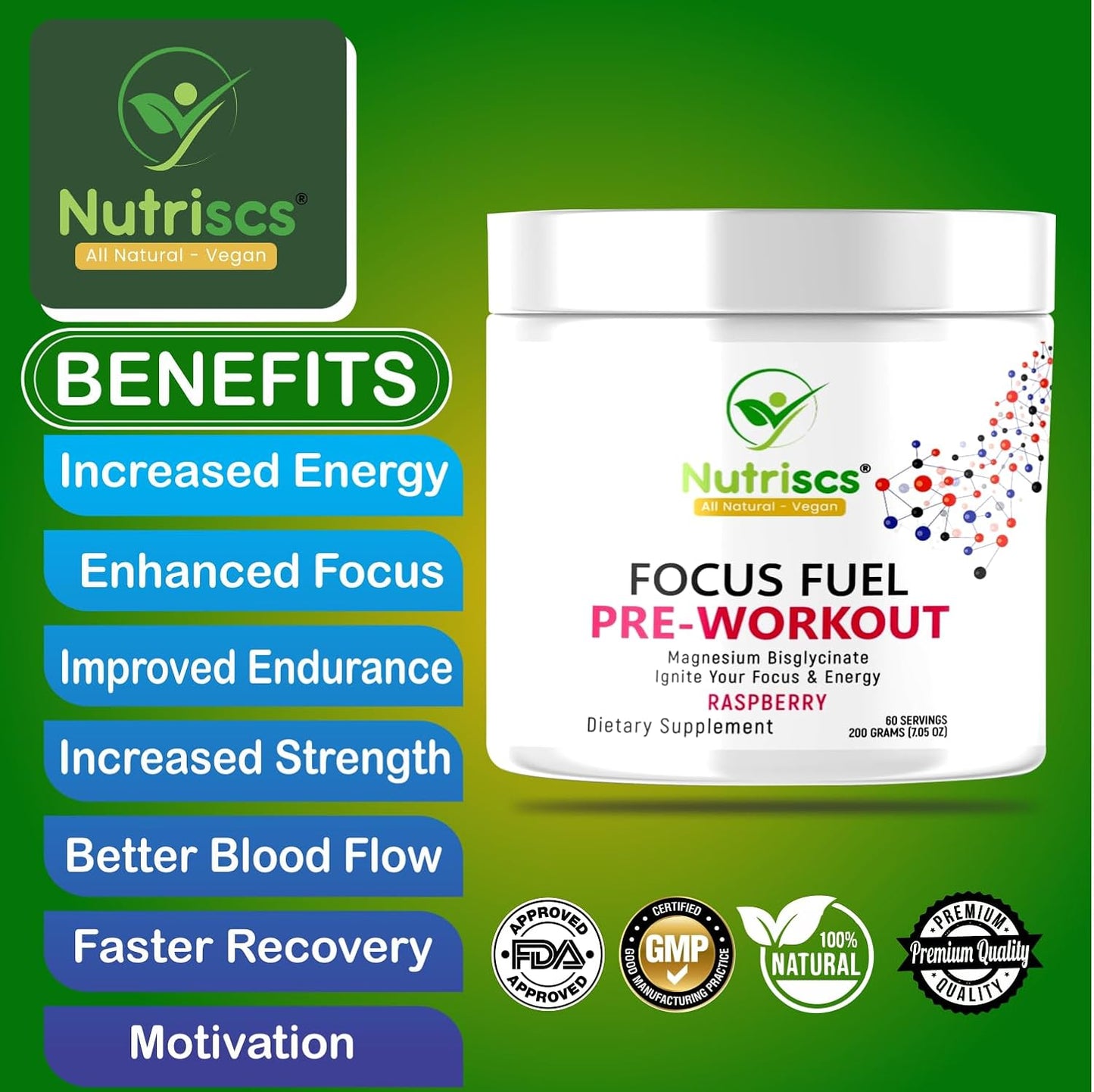 Nutriscs Pre-Workout Powder 200g - Boost Strength, Energy, and Mental Focus - 60 Servings for Men & Women - Bodybuilders' Peak Performance Solution