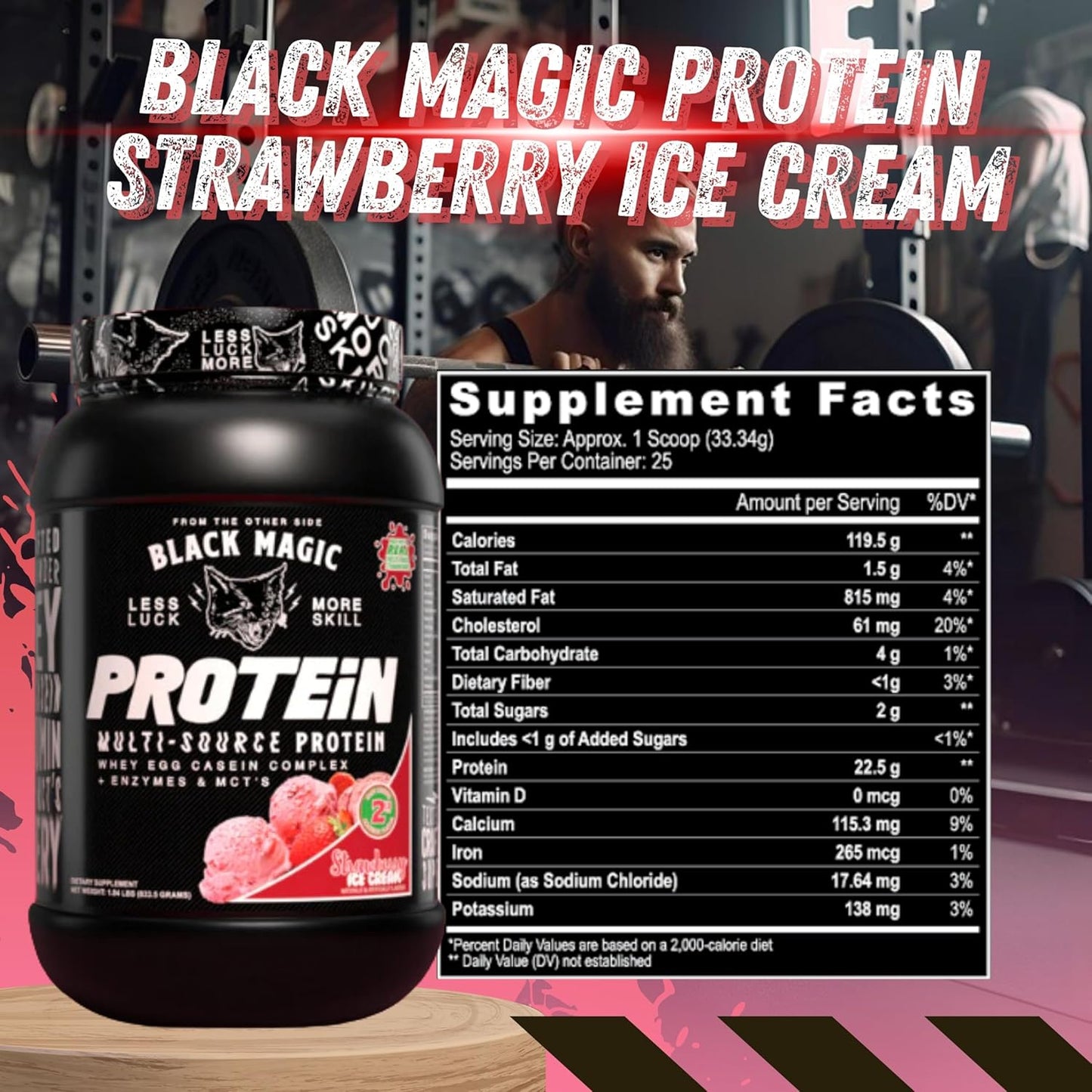 Nutrition Bundle with Black Magic Protein Powder - 2LB Strawberry Ice Cream Flavor, Multi-Source Protein Complex with Enzymes & MCT - Includes Keychain
