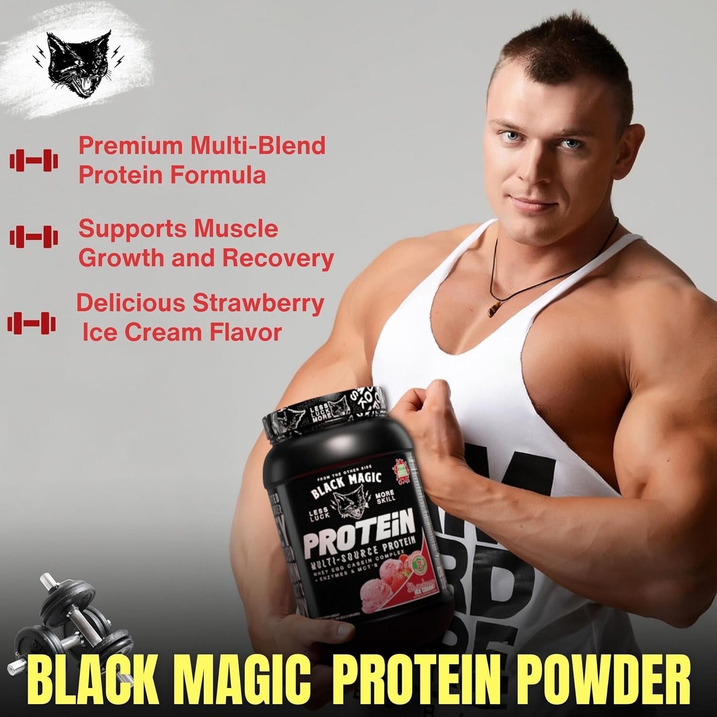 Nutrition Bundle with Black Magic Protein Powder - 2LB Strawberry Ice Cream Flavor, Multi-Source Protein Complex with Enzymes & MCT - Includes Keychain