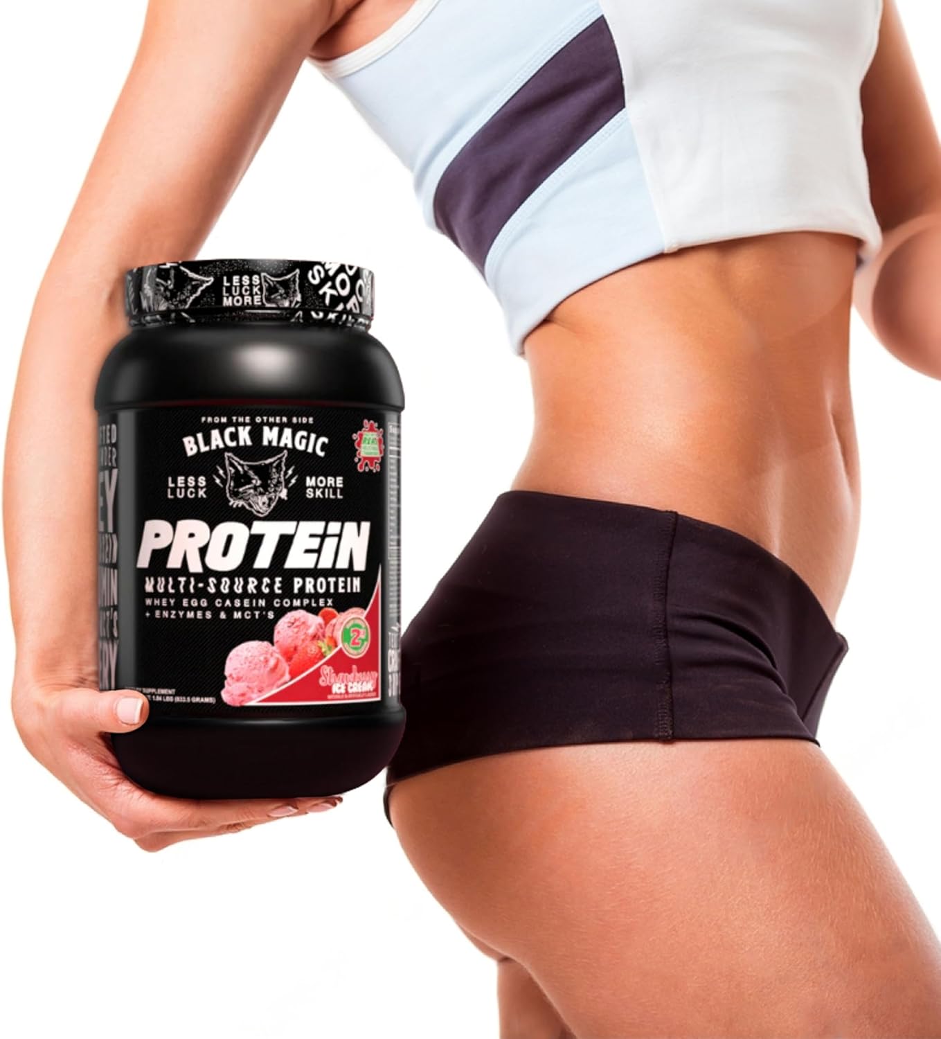 Nutrition Bundle with Black Magic Protein Powder - 2LB Strawberry Ice Cream Flavor, Multi-Source Protein Complex with Enzymes & MCT - Includes Keychain
