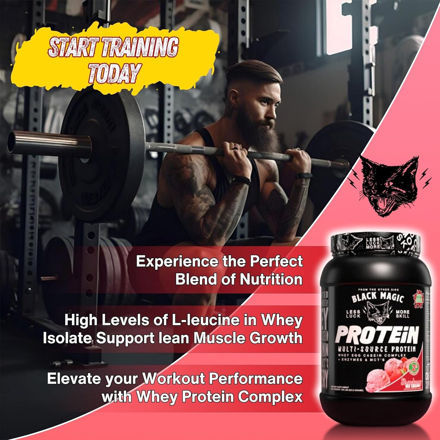 Nutrition Bundle with Black Magic Protein Powder - 2LB Strawberry Ice Cream Flavor, Multi-Source Protein Complex with Enzymes & MCT - Includes Keychain