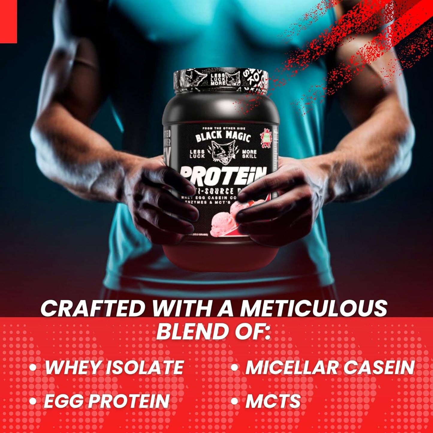 Nutrition Bundle with Black Magic Protein Powder - 2LB Strawberry Ice Cream Flavor, Multi-Source Protein Complex with Enzymes & MCT - Includes Keychain