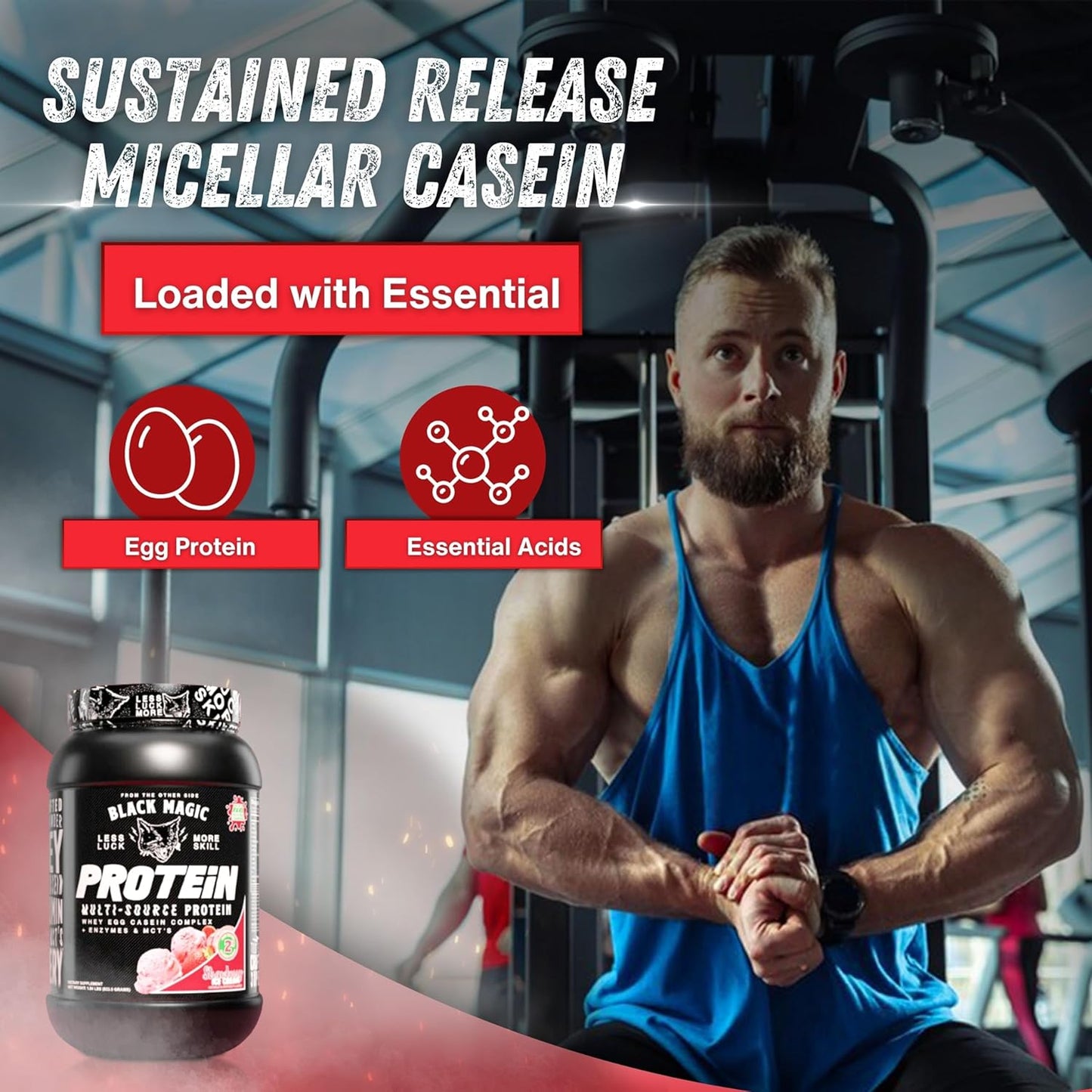 Nutrition Bundle with Black Magic Protein Powder - 2LB Strawberry Ice Cream Flavor, Multi-Source Protein Complex with Enzymes & MCT - Includes Keychain