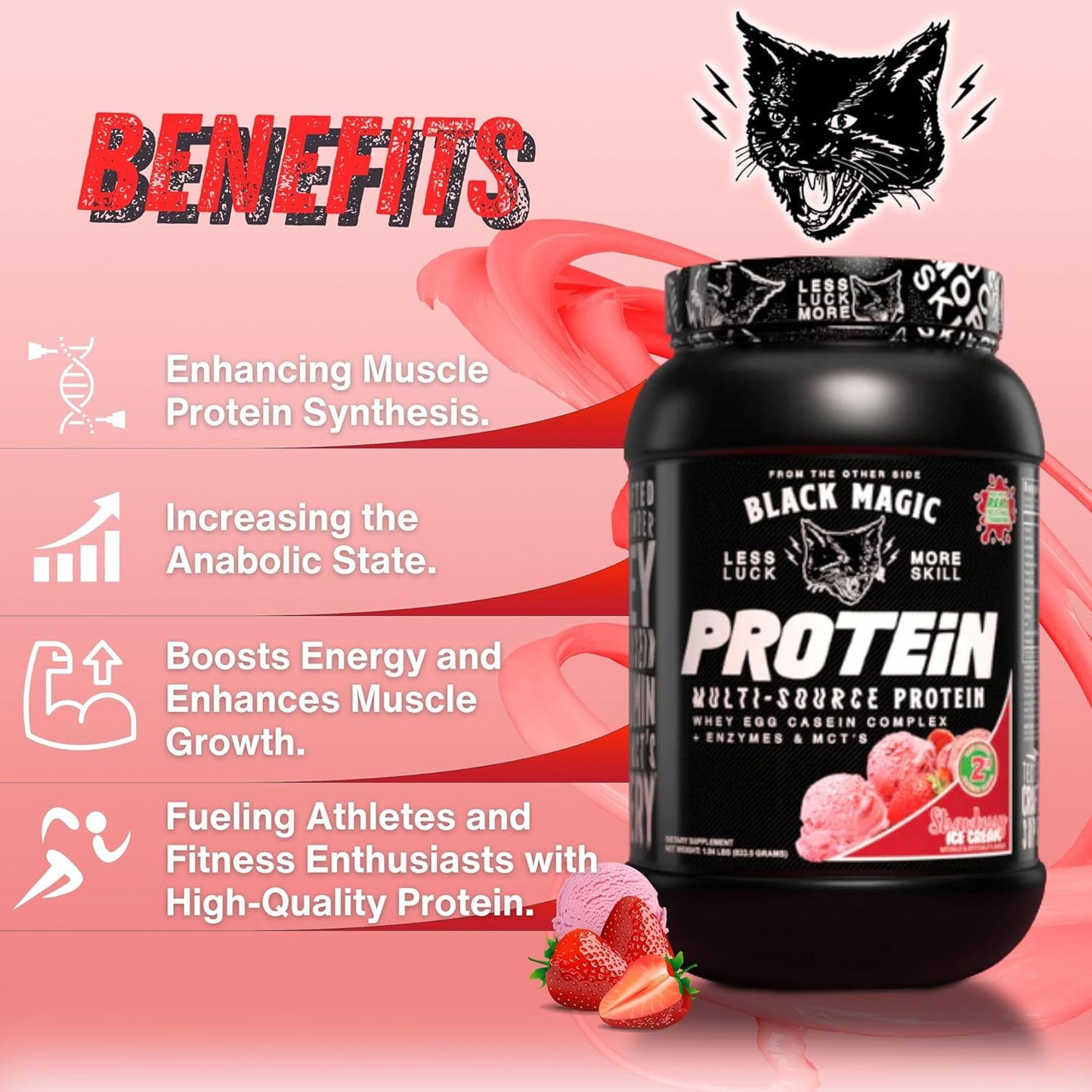 Nutrition Bundle with Black Magic Protein Powder - 2LB Strawberry Ice Cream Flavor, Multi-Source Protein Complex with Enzymes & MCT - Includes Keychain