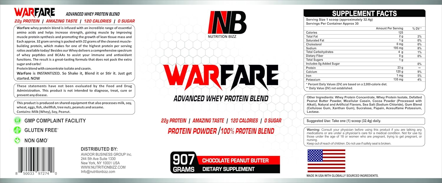 NutritionBizz Warfare 2 lbs Whey Protein Blend - 22g Protein/Serving, Delicious Chocolate Peanut Butter Flavor
