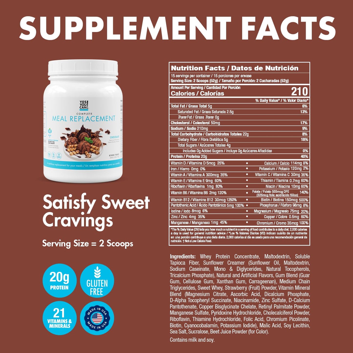Nutritious Meal Replacement Shake - 15 Servings, 20g Protein, No Added Sugars - Chocolate Flavor with 21 Vitamins & Minerals